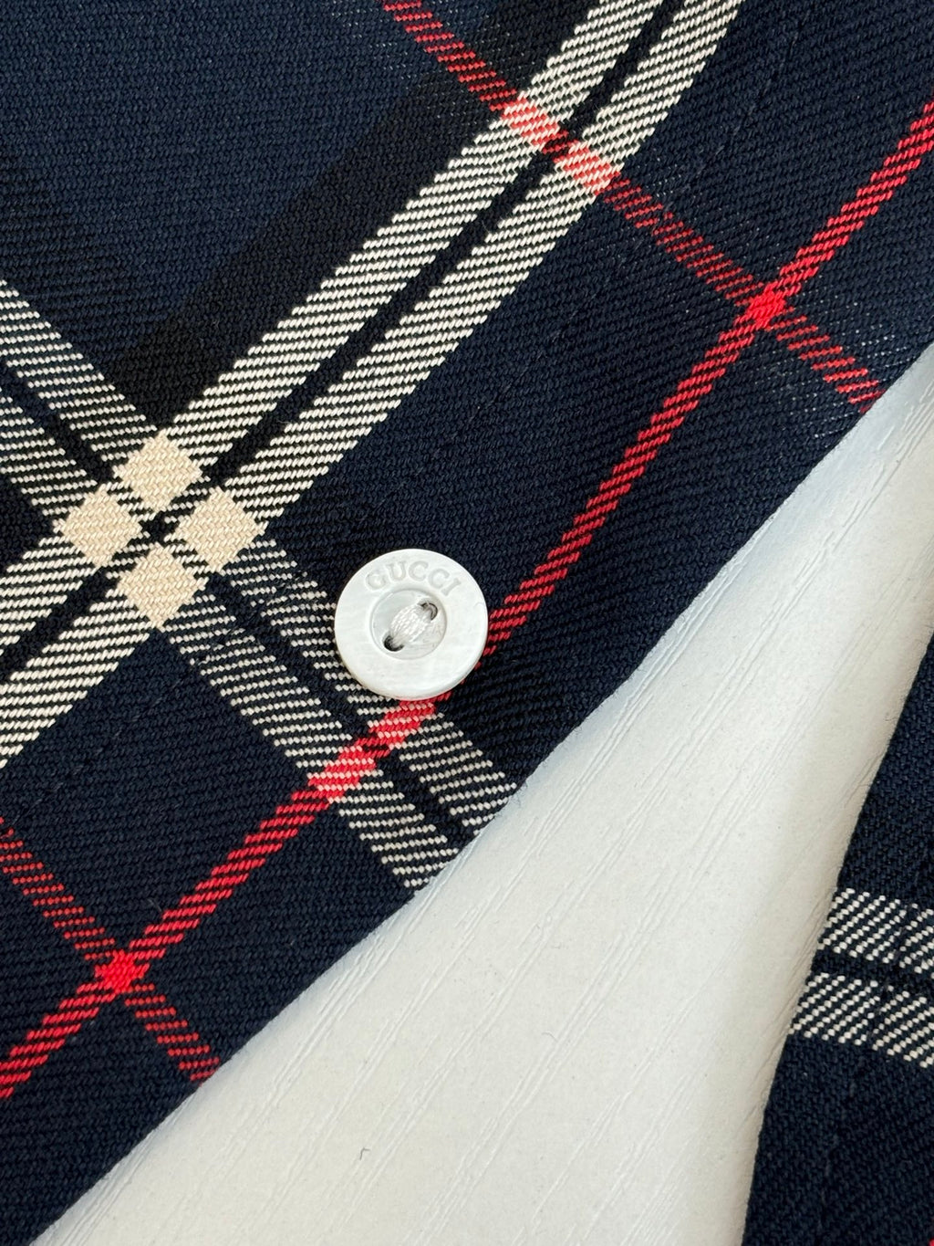 Gucci plaid long-sleeve shirt, navy with red and cream check button front