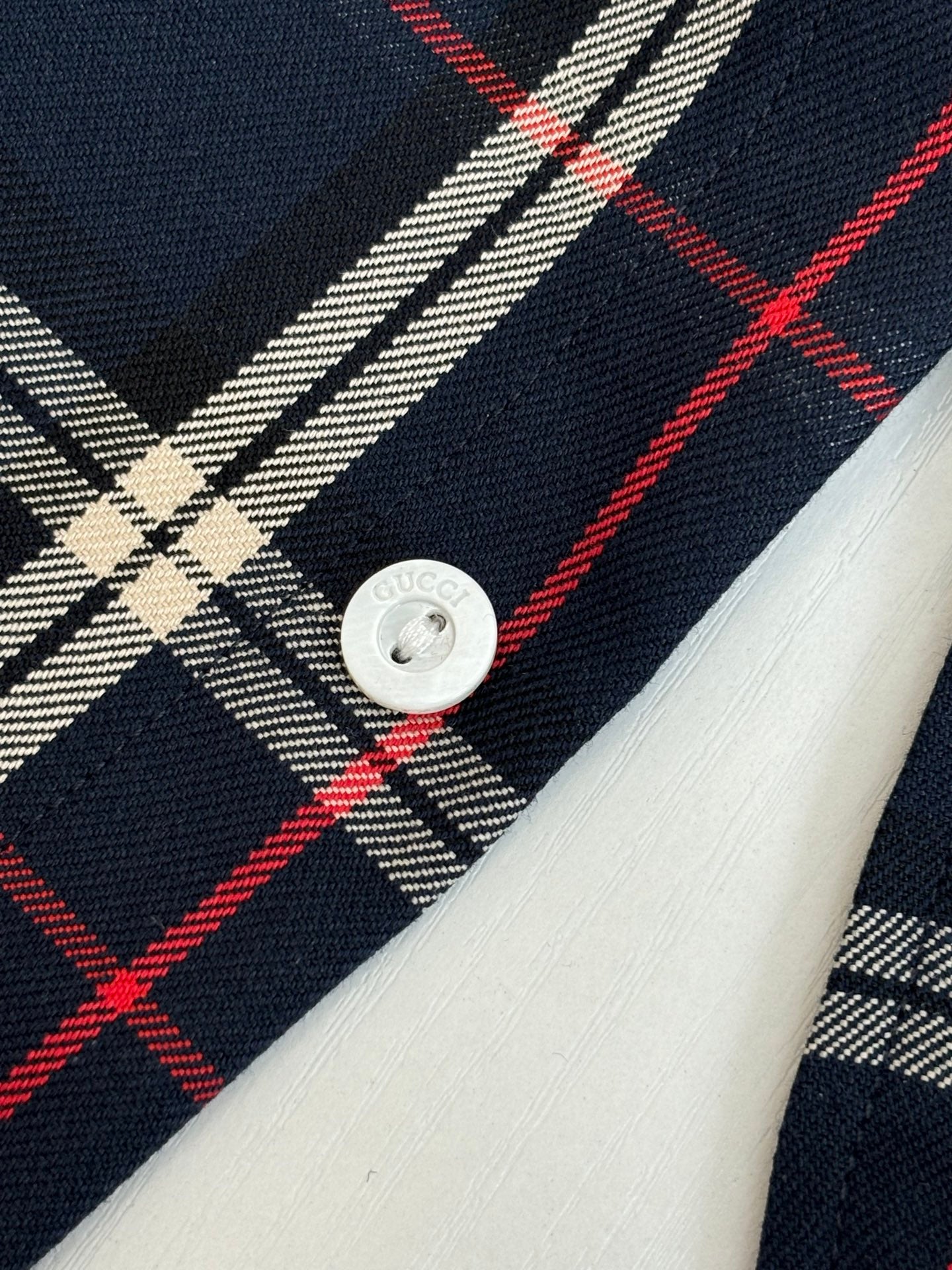 Gucci plaid long-sleeve shirt, navy with red and cream check button front