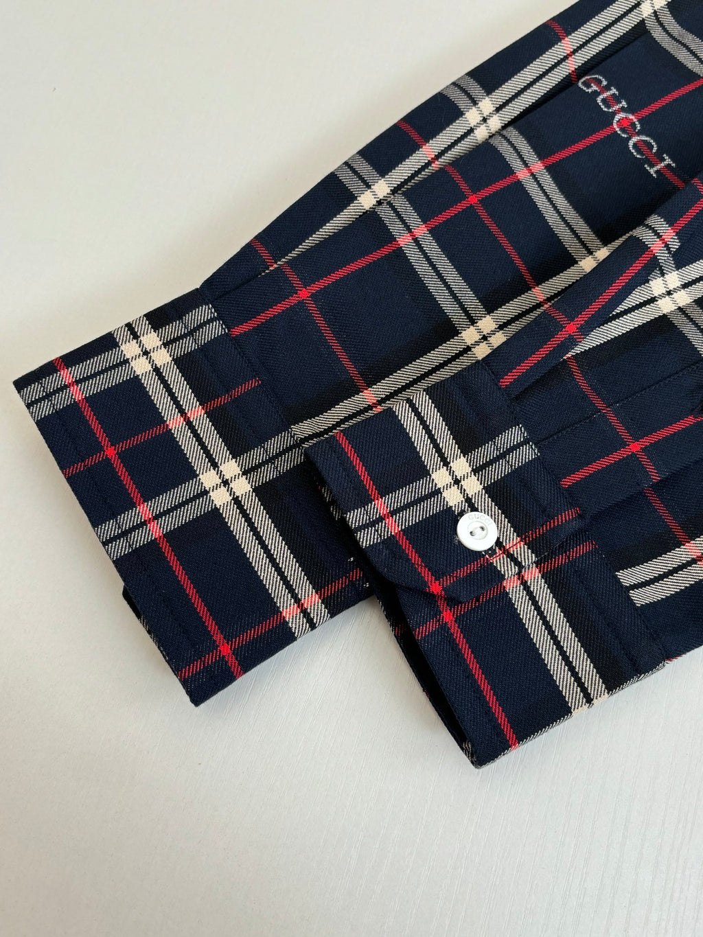 Gucci plaid long-sleeve shirt with flap pocket and buttoned cuffs, navy red cream