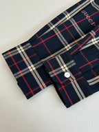 Gucci plaid long-sleeve shirt with flap pocket and buttoned cuffs, navy red cream