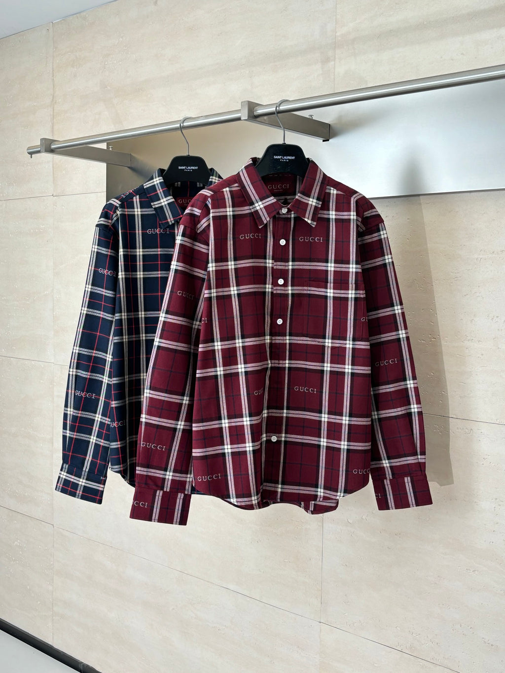 Gucci long-sleeve plaid shirt, dark red/white/navy checks, button-up on hanger
