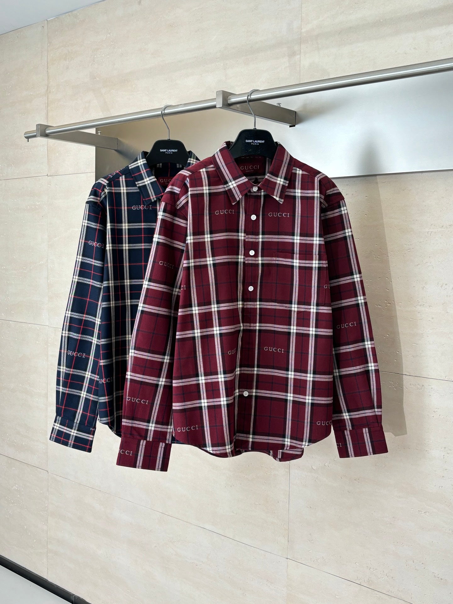 Gucci long-sleeve plaid shirt, dark red/white/navy checks, button-up on hanger