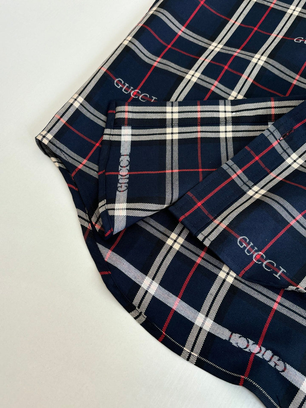 Gucci long-sleeve plaid shirt folded, dark navy with red and white check lines