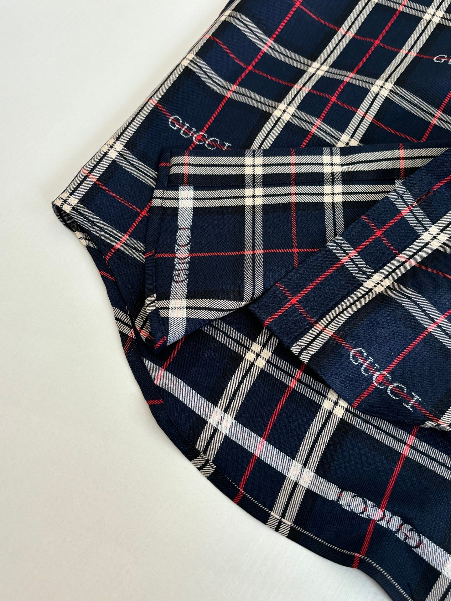 Gucci long-sleeve plaid shirt folded, dark navy with red and white check lines