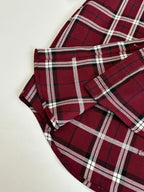 Gucci long-sleeve plaid shirt, dark red/white checks, folded with visible collar and cuffs