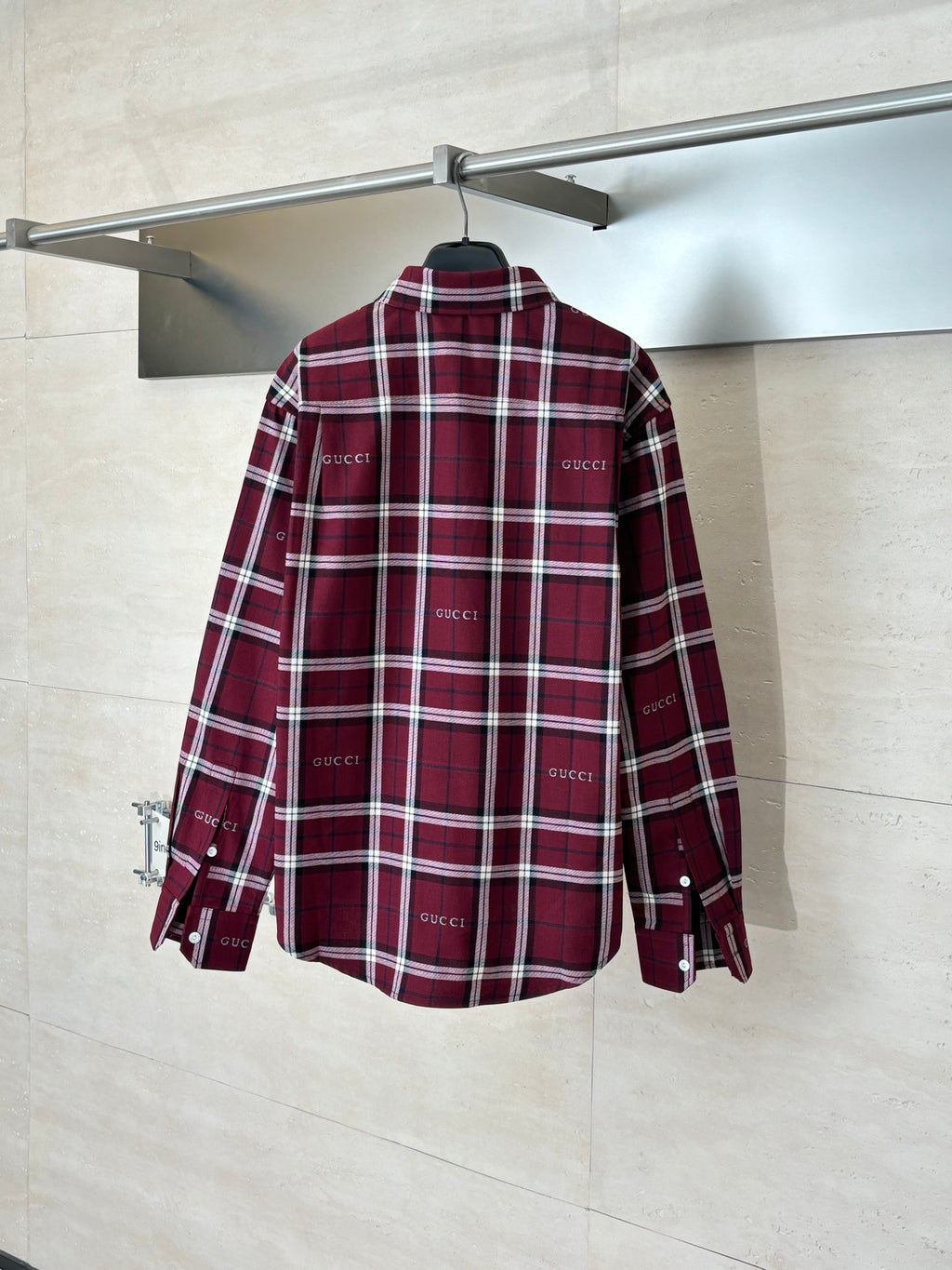 Gucci long-sleeve plaid shirt back, dark red/white/navy checks, button-up