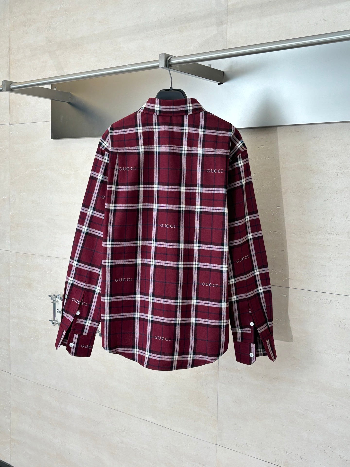 Gucci long-sleeve plaid shirt back, dark red/white/navy checks, button-up