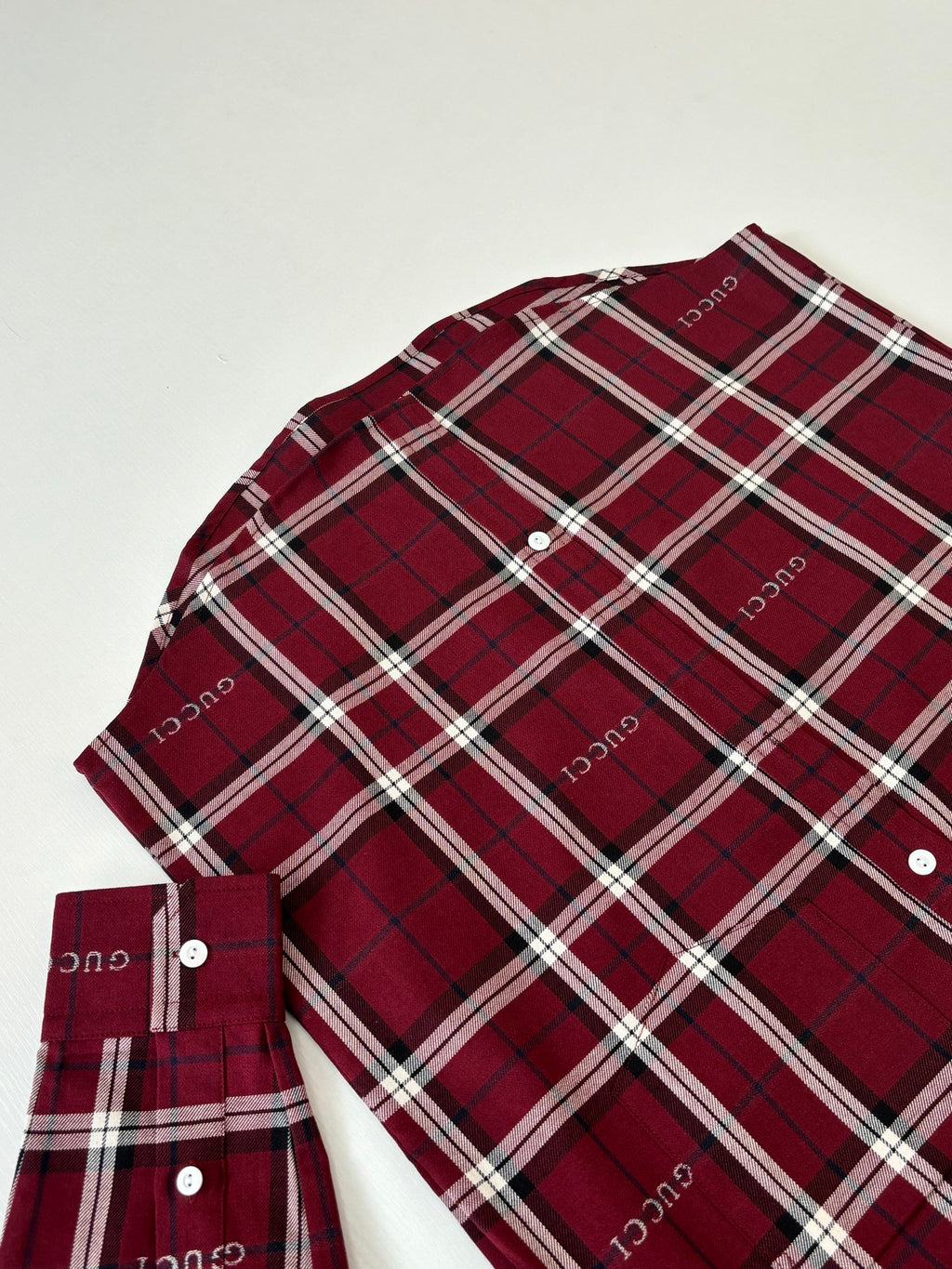Gucci long-sleeve plaid shirt, dark red/white check, folded with stand collar