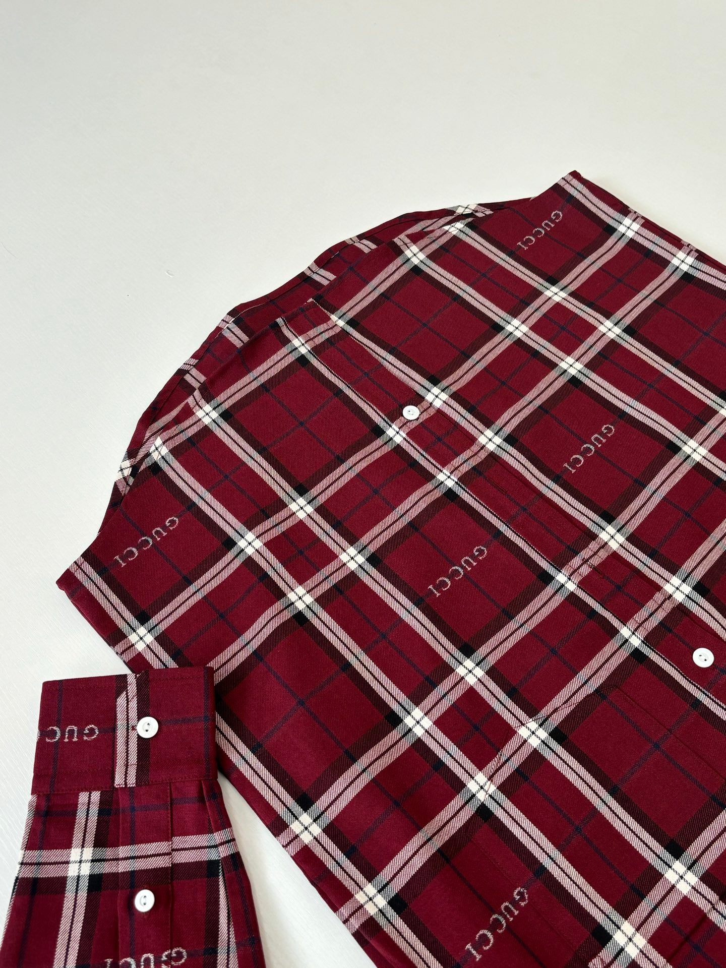 Gucci long-sleeve plaid shirt, dark red/white check, folded with stand collar