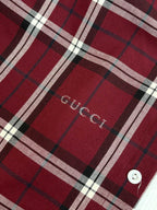 Gucci plaid shirt embroidery detail, dark red tartan with white checks and button