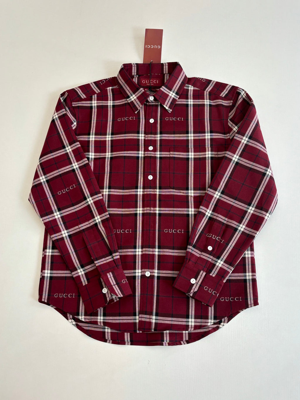 Gucci long-sleeve plaid shirt, dark red with white plaid lines, button-up collar