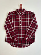Gucci long-sleeve plaid shirt, dark red with white plaid lines, button-up collar
