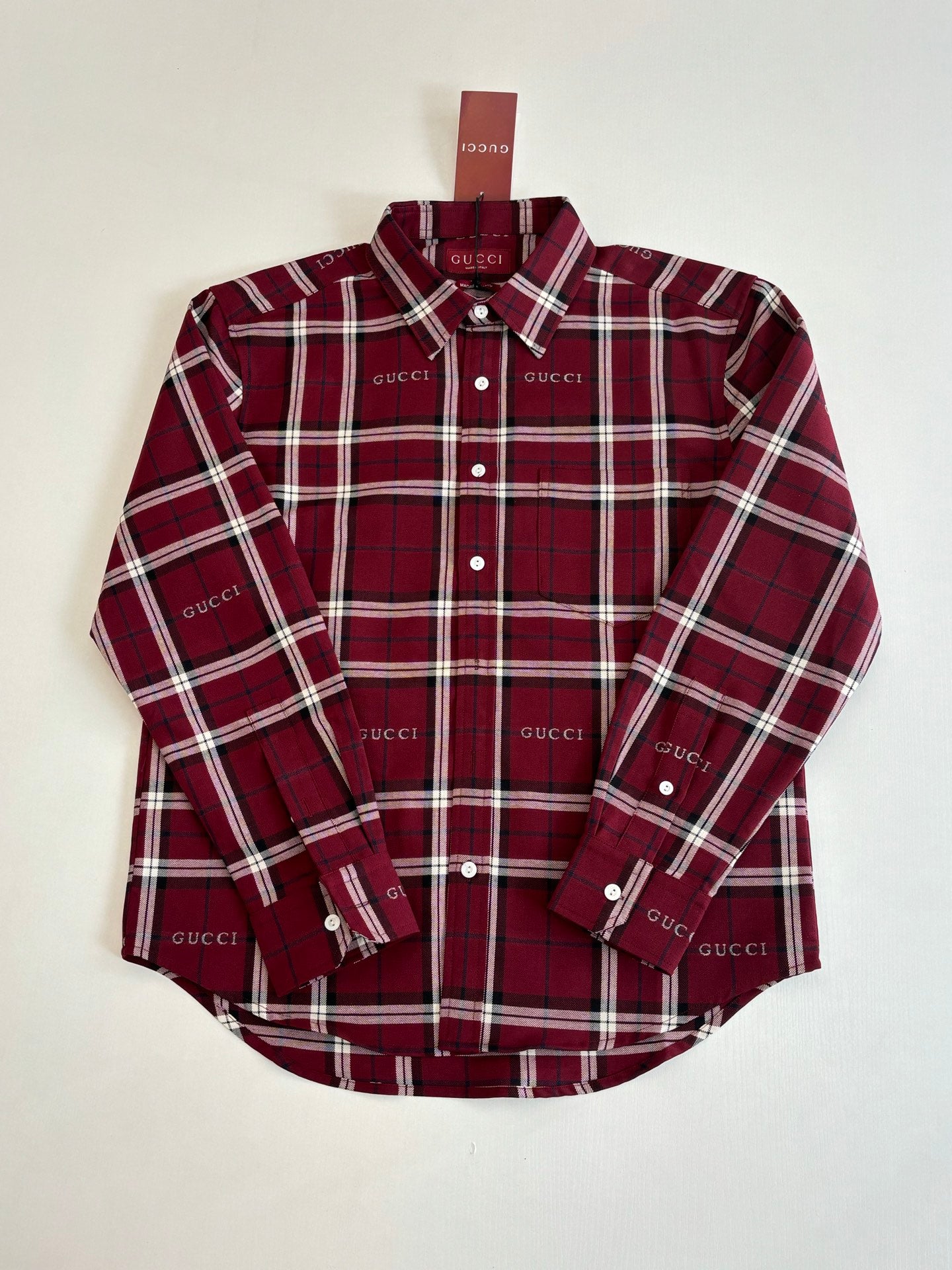 Gucci long-sleeve plaid shirt, dark red with white plaid lines, button-up collar