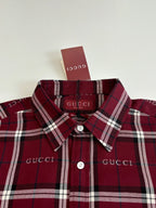 Gucci long-sleeve plaid shirt collar, dark red/white checks, white front buttons
