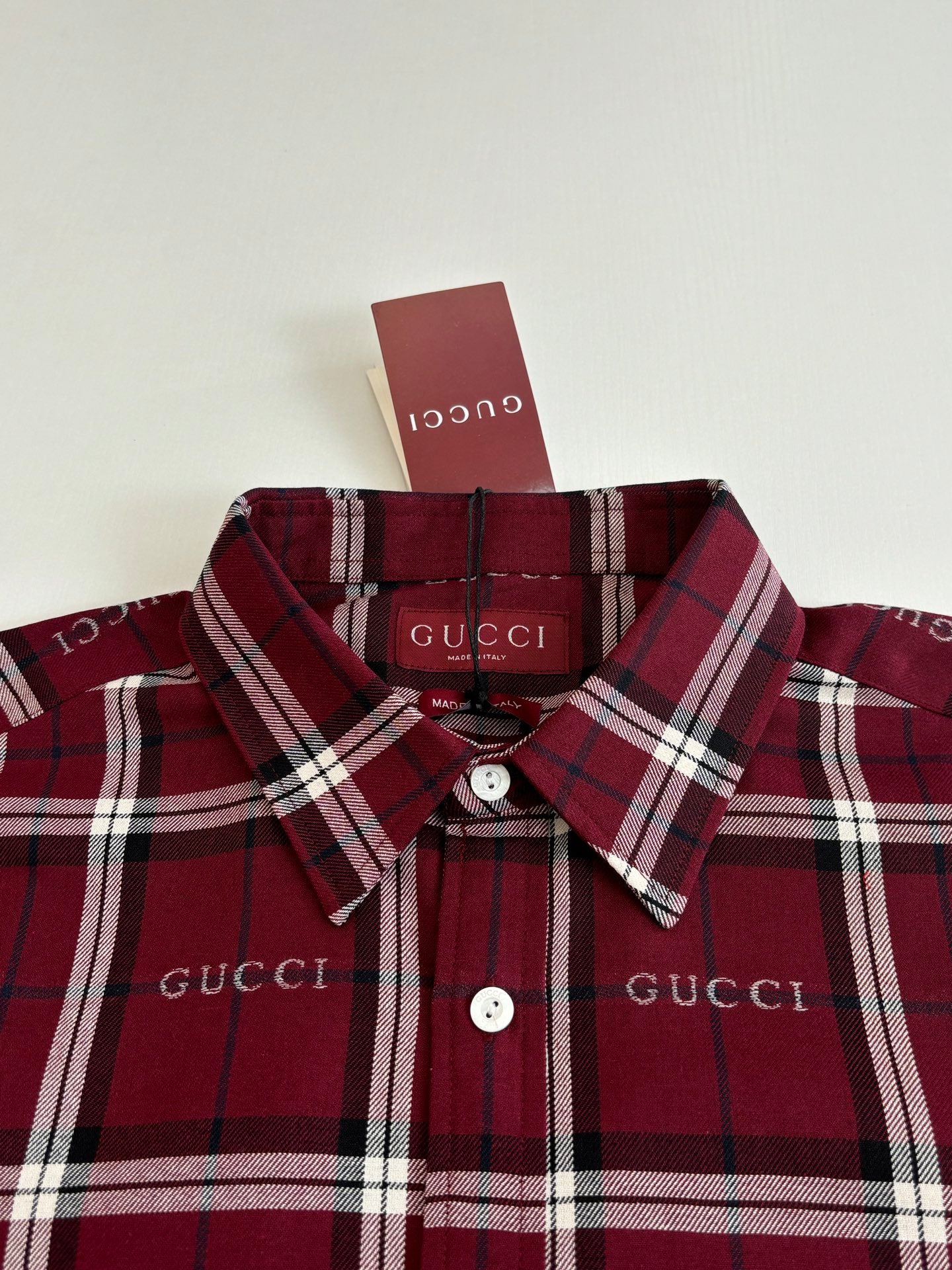 Gucci long-sleeve plaid shirt collar, dark red/white checks, white front buttons