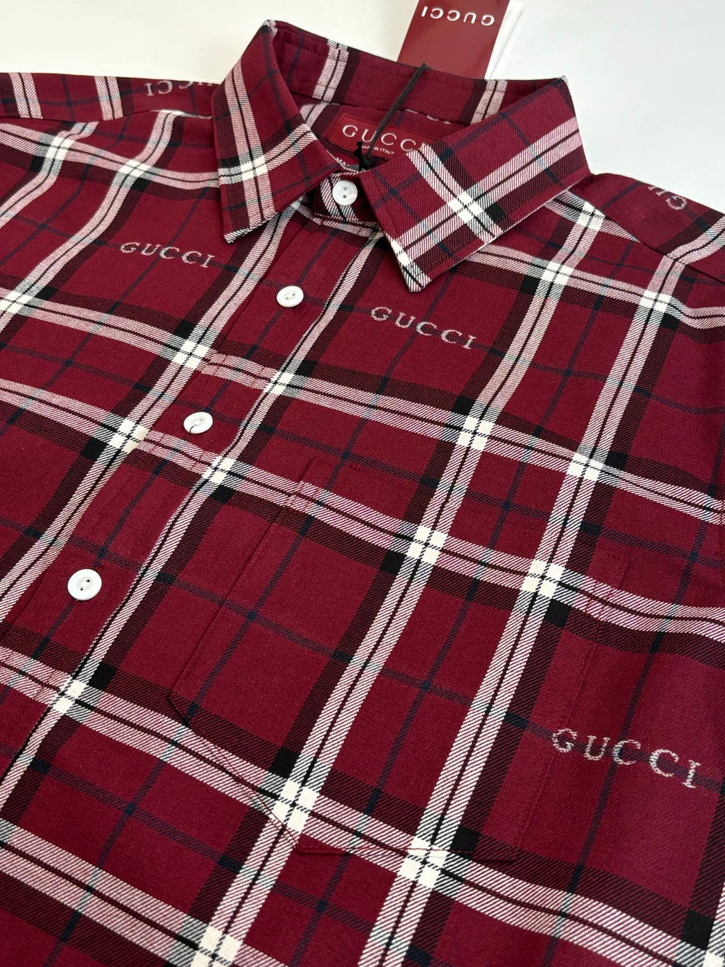 Gucci long-sleeve plaid shirt, dark red/white/navy checks, white buttons and placket