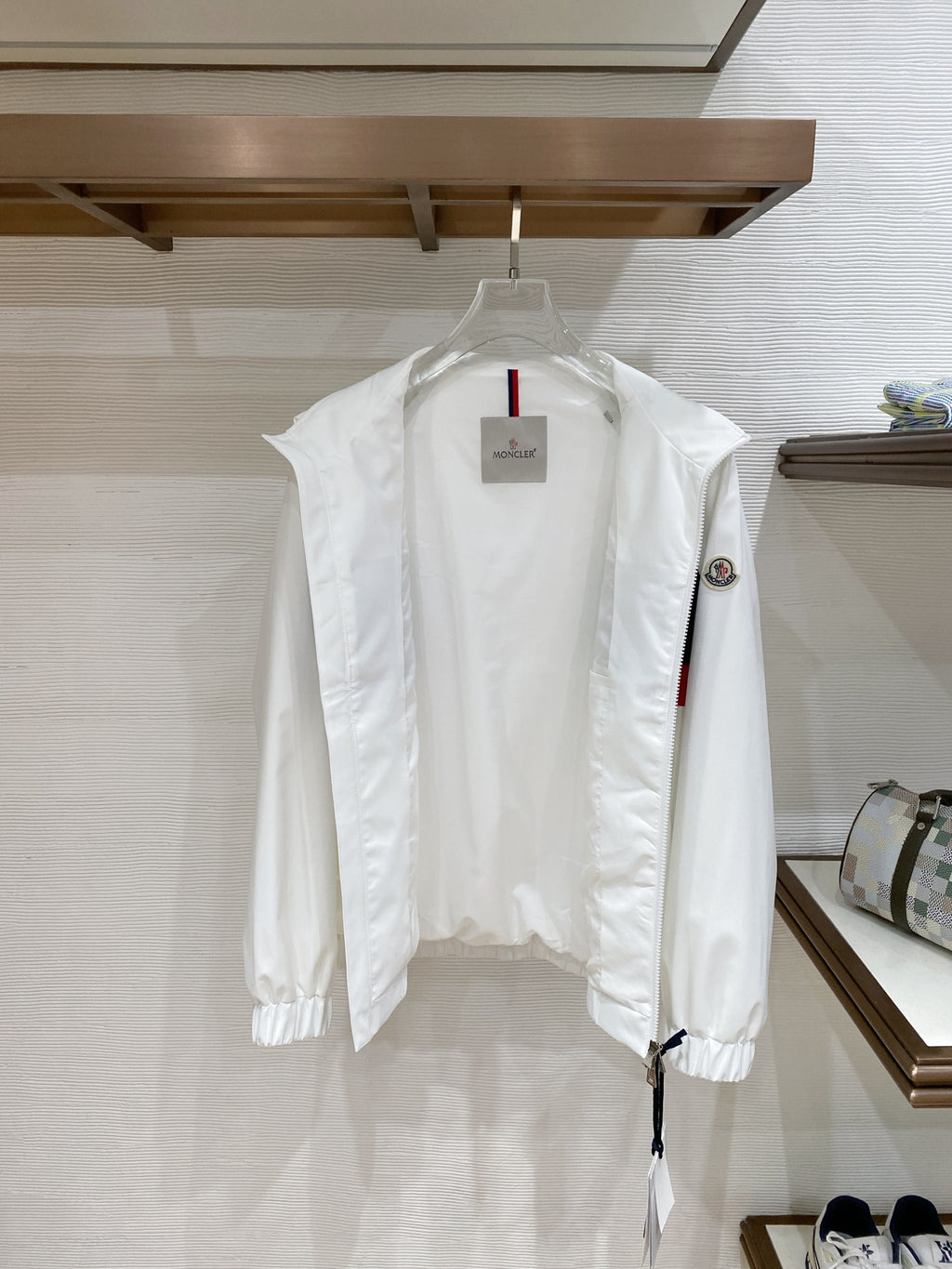 White Moncler long jacket hood with drawstring and zipper front