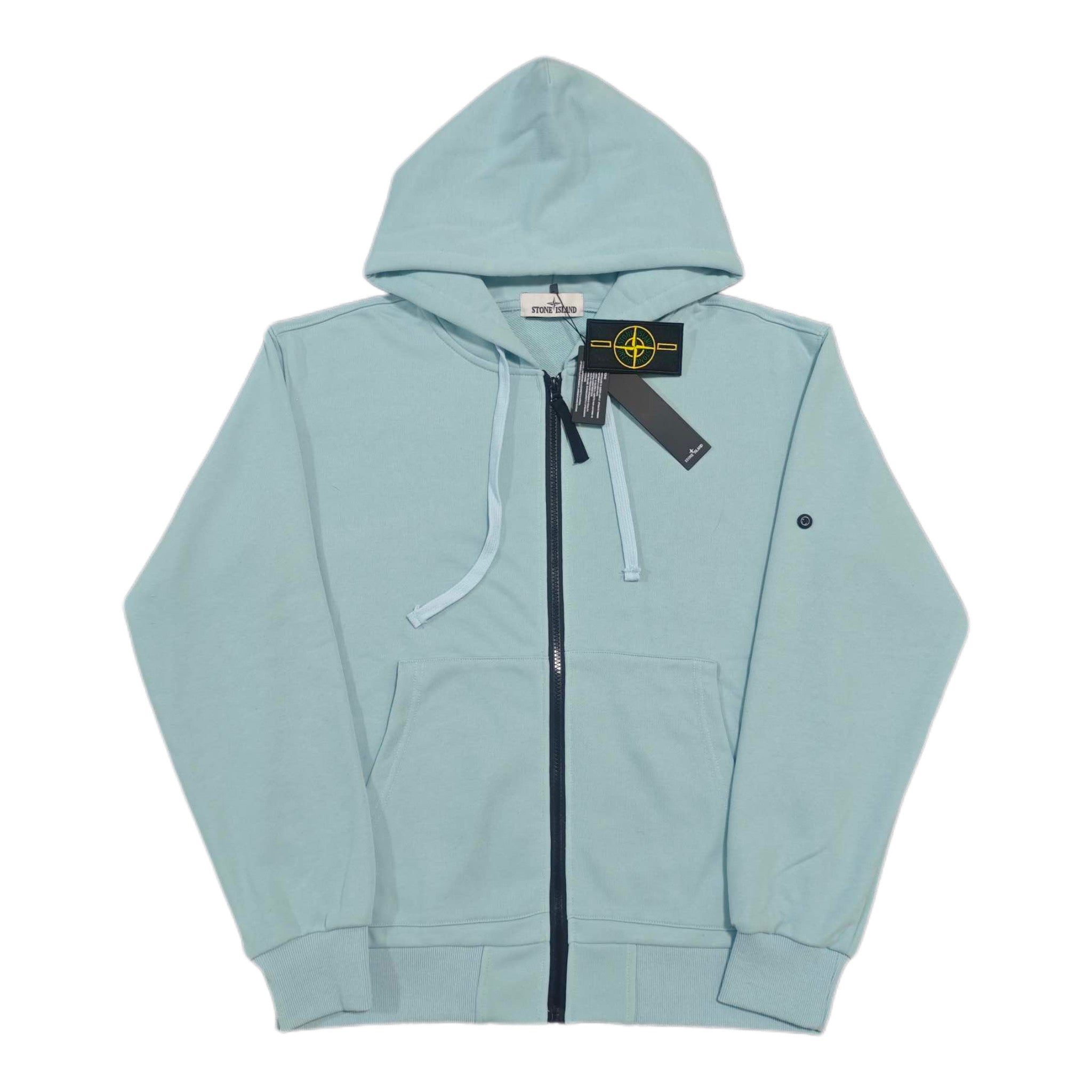 Stone Island light blue zip-up hoodie with hood and front kangaroo pocket