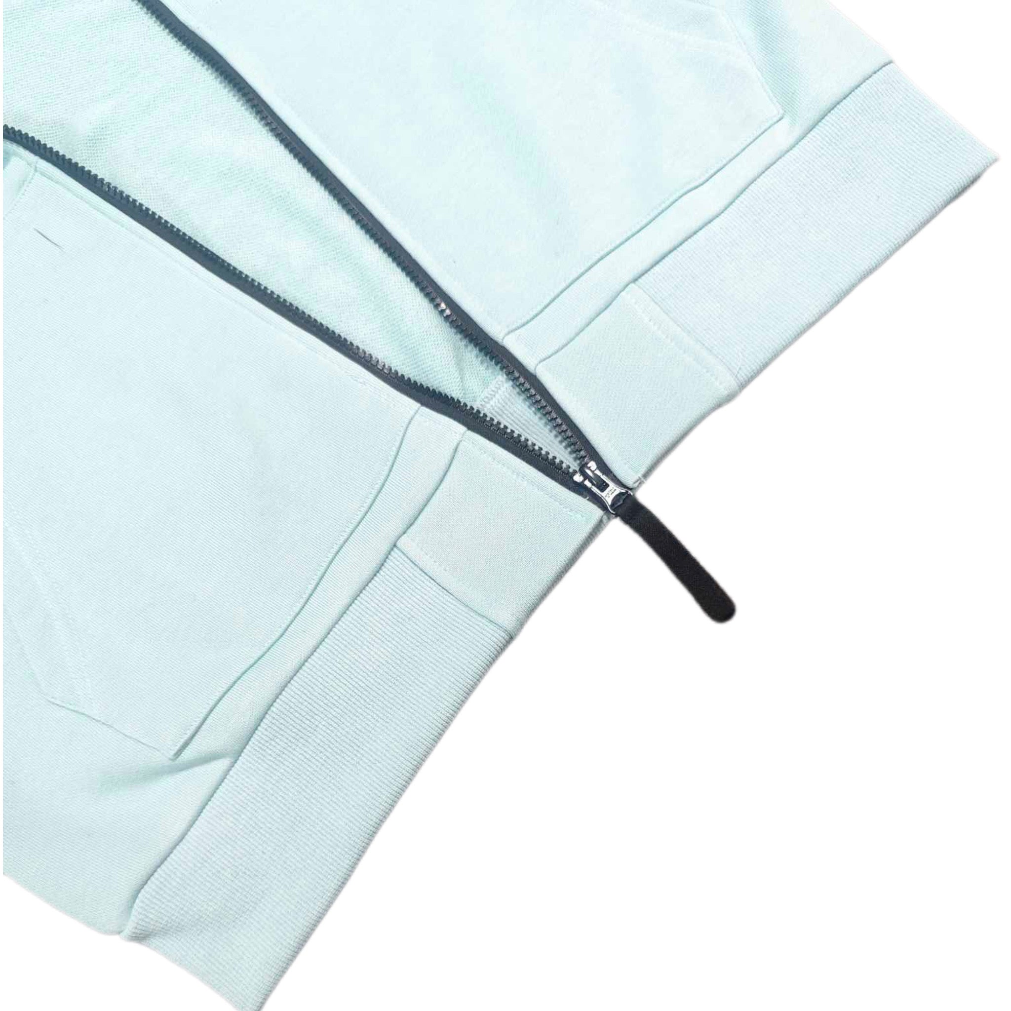 Stone Island light blue zip-up hoodie with black zipper and ribbed cuffs