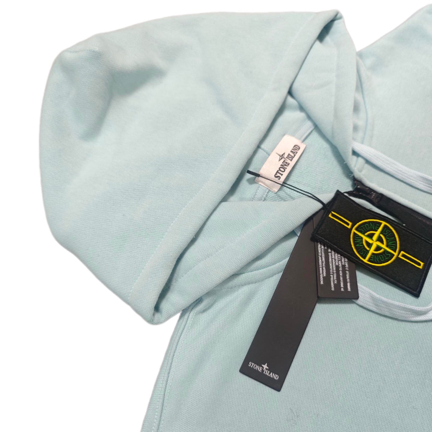 Stone Island light blue zip-up hoodie hood and collar with attached tags