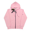 Pink zip-up hoodie with hood, black zip, drawstrings, Stone Island logo patch