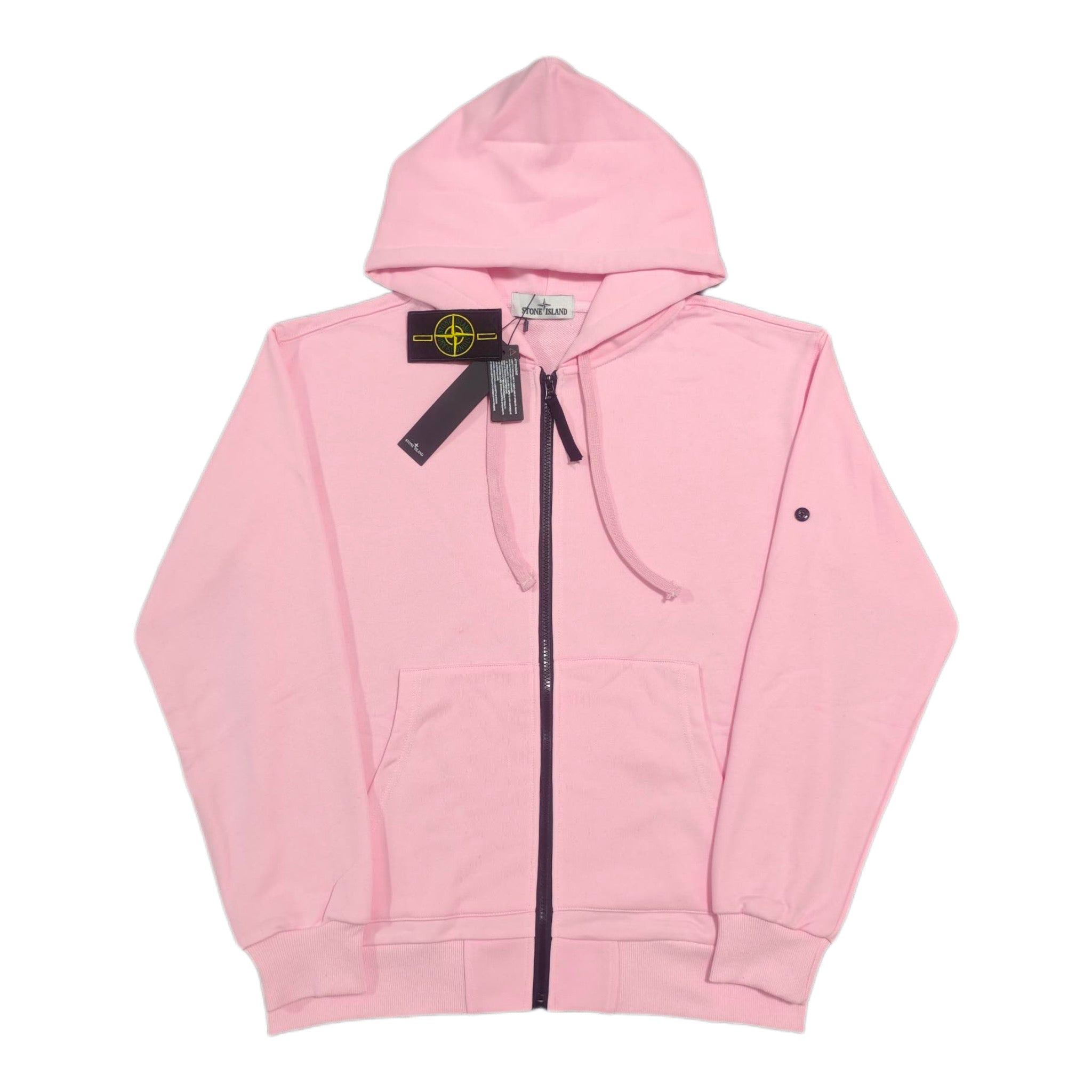 Pink zip-up hoodie with hood, black zip, drawstrings, Stone Island logo patch