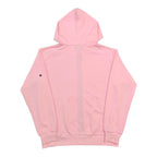Pink zip-up hoodie, back view with hood and black zip trim