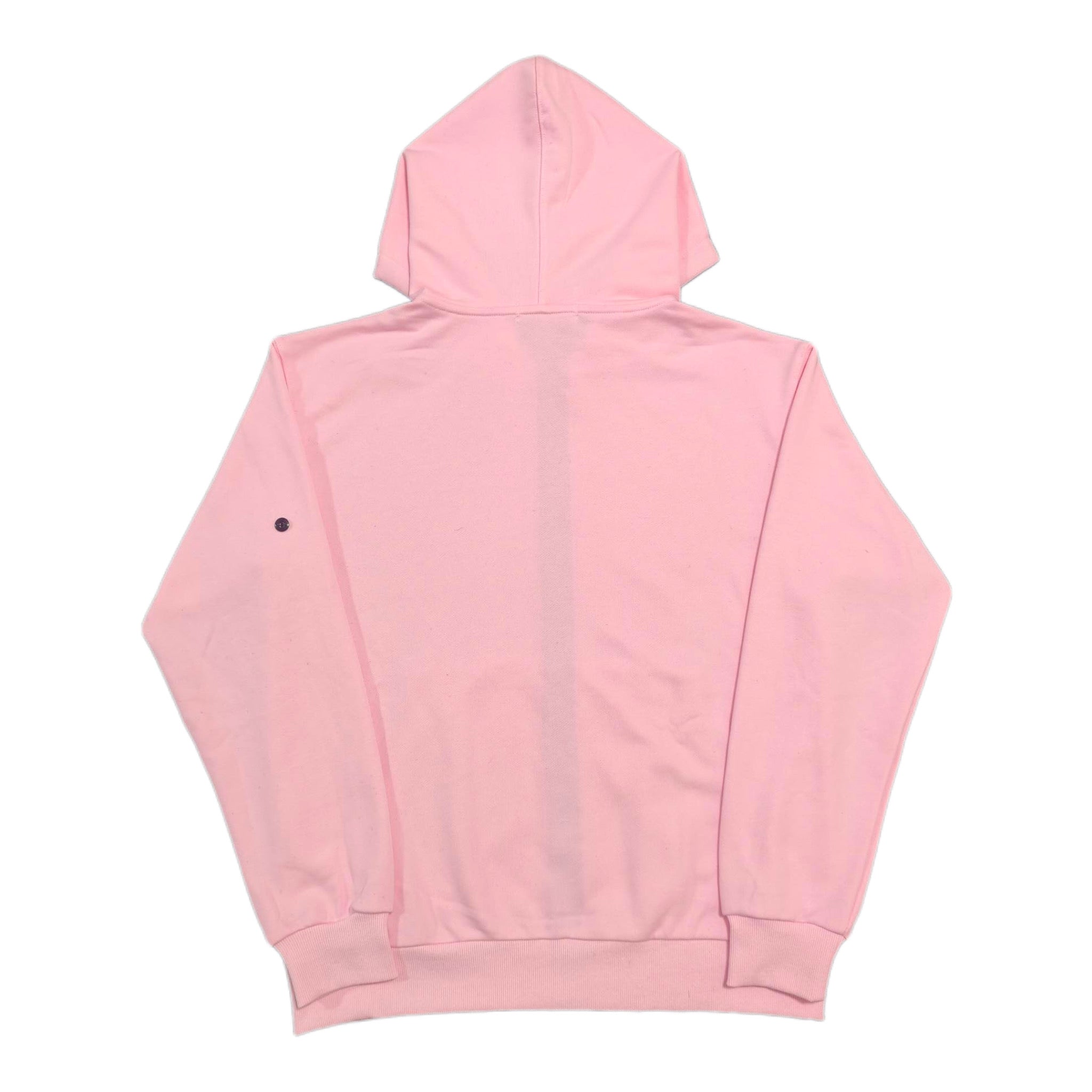 Pink zip-up hoodie, back view with hood and black zip trim