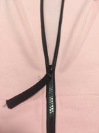 Pink hoodie front panel with black zipper and zip pull