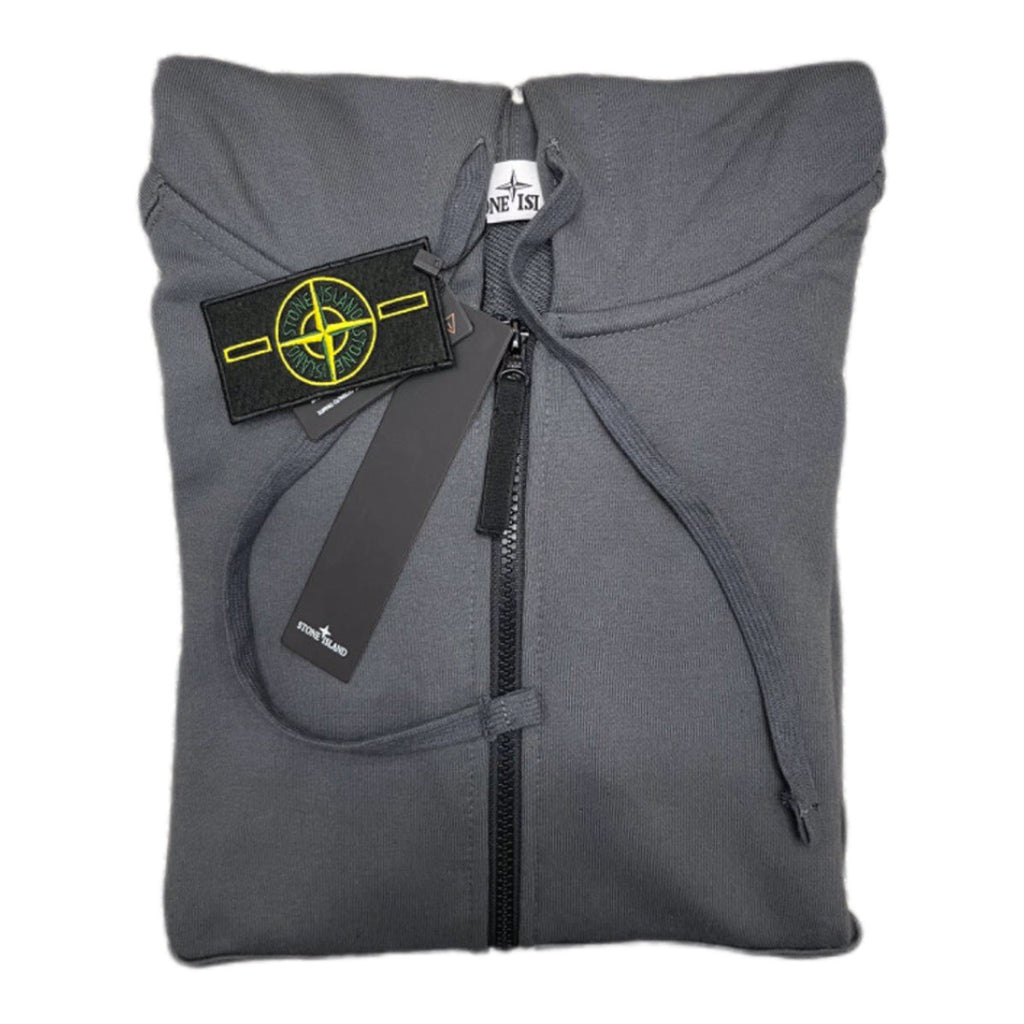 Dark gray zip-up hooded jacket with logo patch and drawstring hood