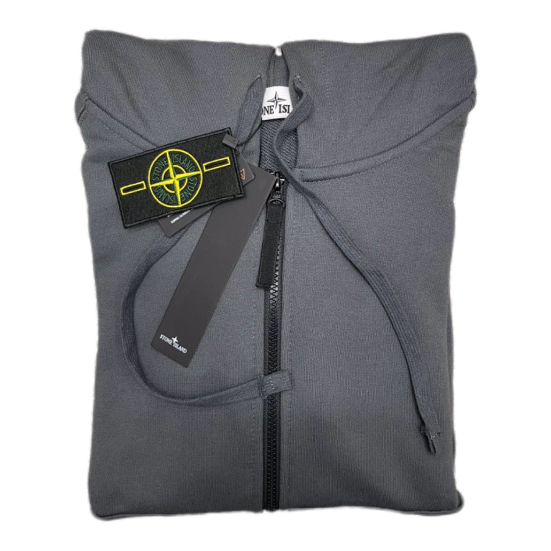 Dark gray zip-up hooded jacket with logo patch and drawstring hood