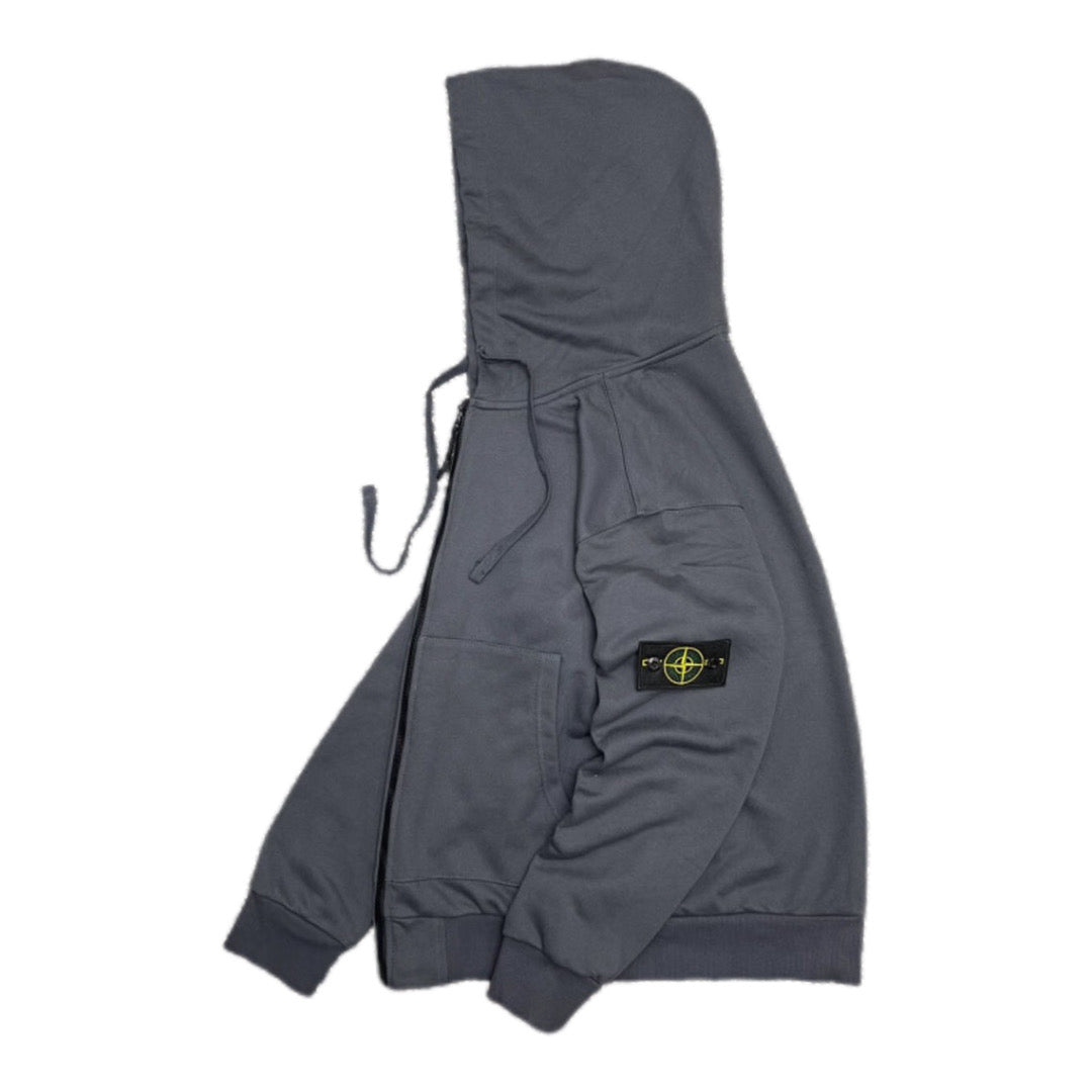 Dark gray hooded jacket with logo patch on sleeve and tied drawstrings