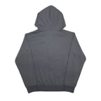 Zip-up hooded jacket back view, dark gray with full front zipper