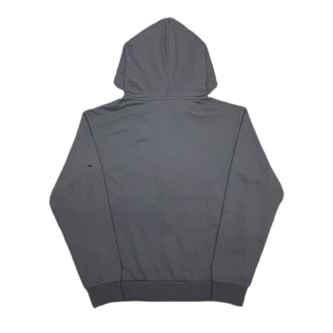 Zip-up hooded jacket back view, dark gray with full front zipper