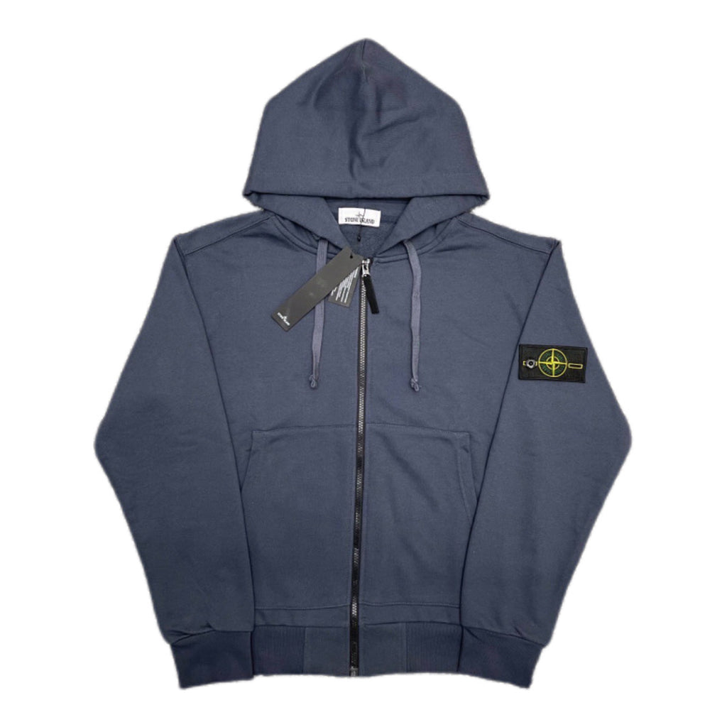 Stone Island zip-up hoodie with hood, drawstrings, dark blue color, and chest logo patch