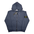 Stone Island zip-up hoodie with hood, drawstrings, dark blue color, and chest logo patch