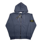 Stone Island zip-up hoodie with hood, drawstrings, dark blue color, and chest logo patch