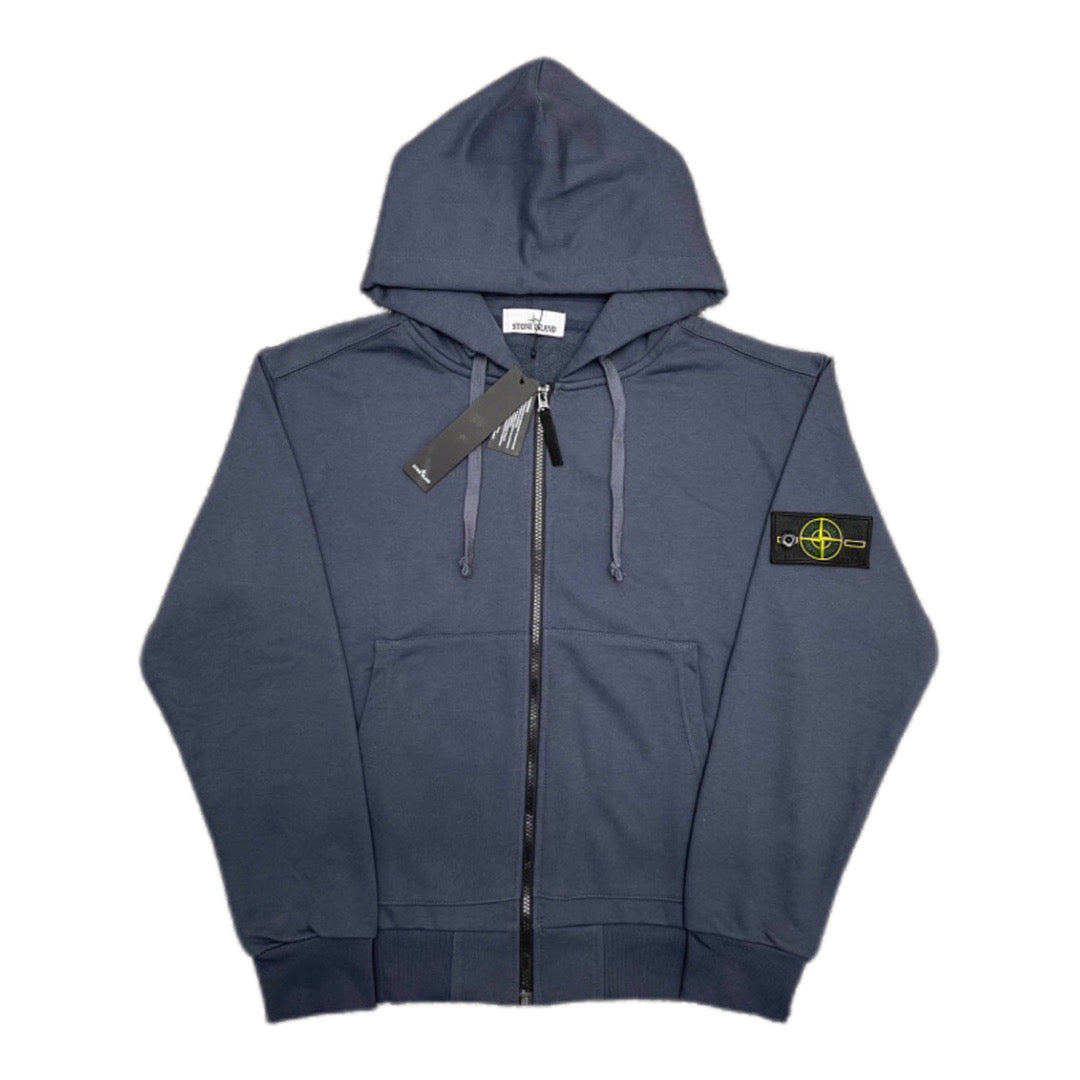 Stone Island zip-up hoodie with hood, drawstrings, dark blue color, and chest logo patch