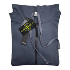 Stone Island zip hoodie front detail with hood, zipper, and logo patch