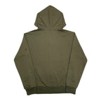 Olive zip-up hoodie with hood and ribbed hem, back view