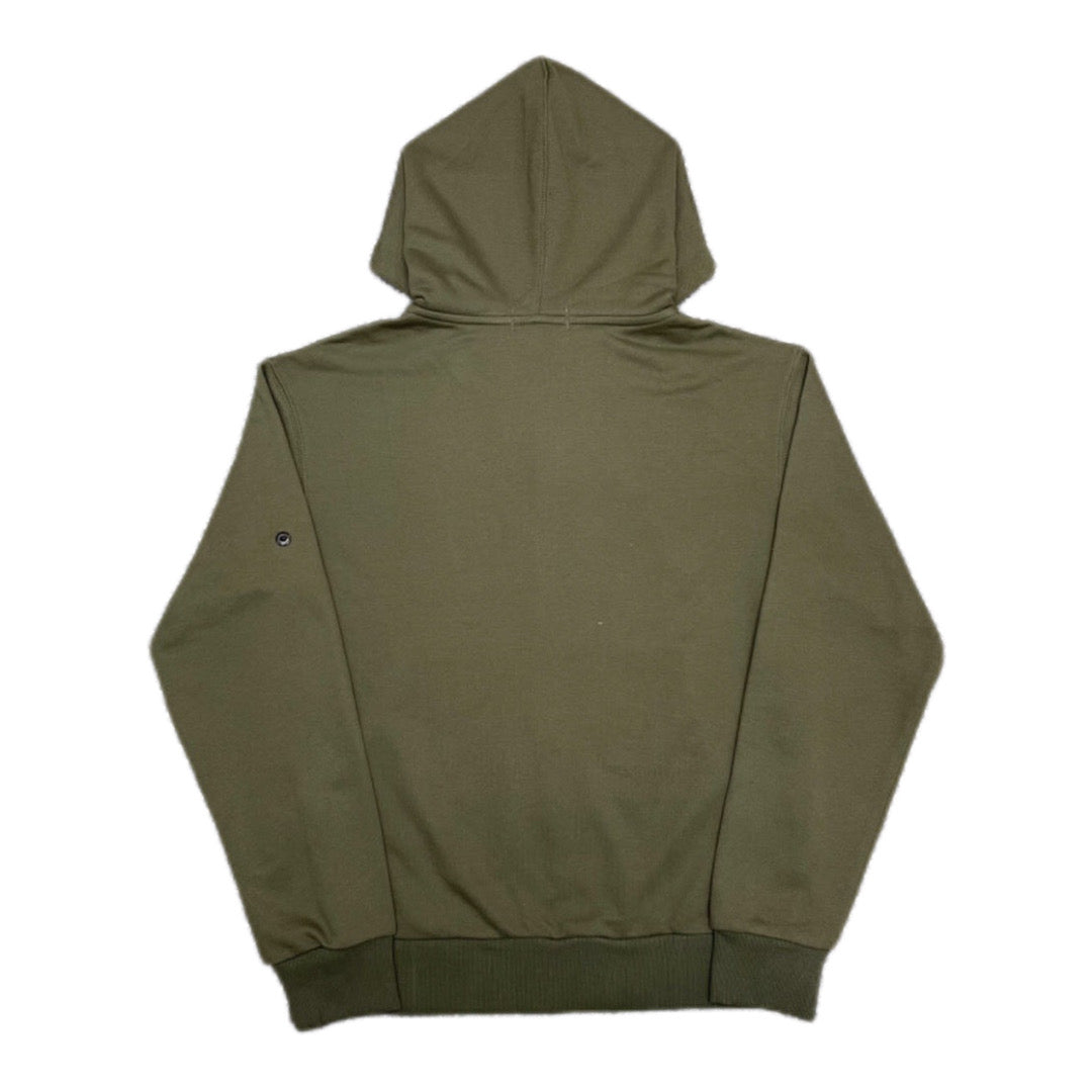 Olive zip-up hoodie with hood and ribbed hem, back view
