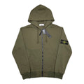 Olive zip-up hoodie with hood, front pockets and Stone Island chest patch