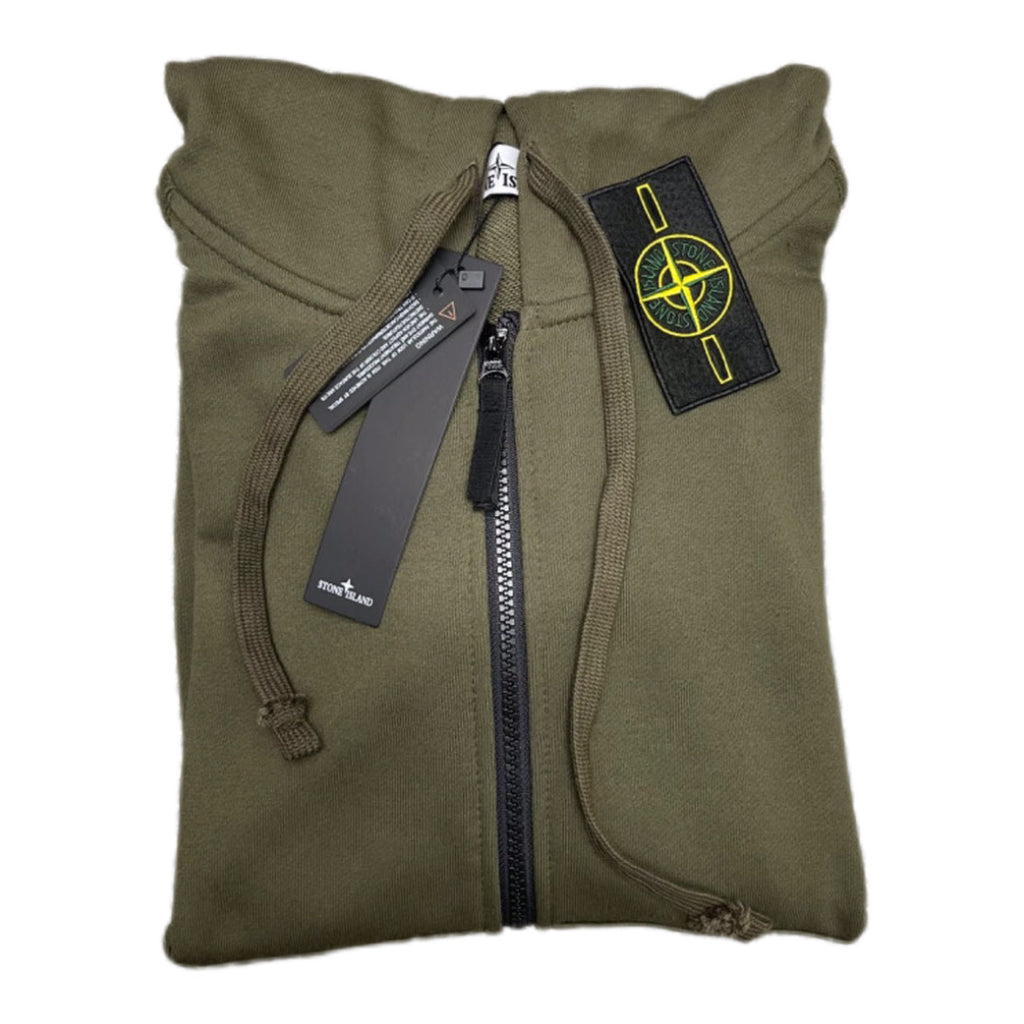 Olive hooded zip-up hoodie close-up with chest badge and drawstrings