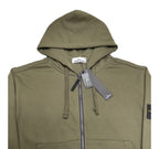 Olive hooded zip-up hoodie with drawcords and Stone Island label at neck