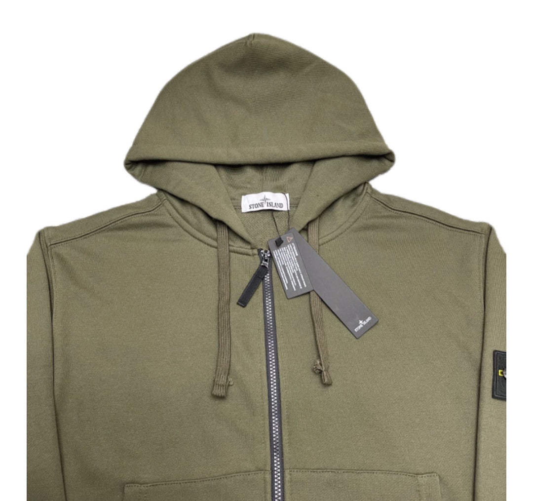 Olive hooded zip-up hoodie with drawcords and Stone Island label at neck