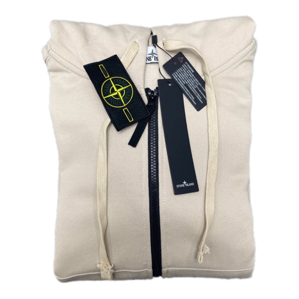Stone Island light beige hoodie with full-zip front, drawstrings, and logo patch