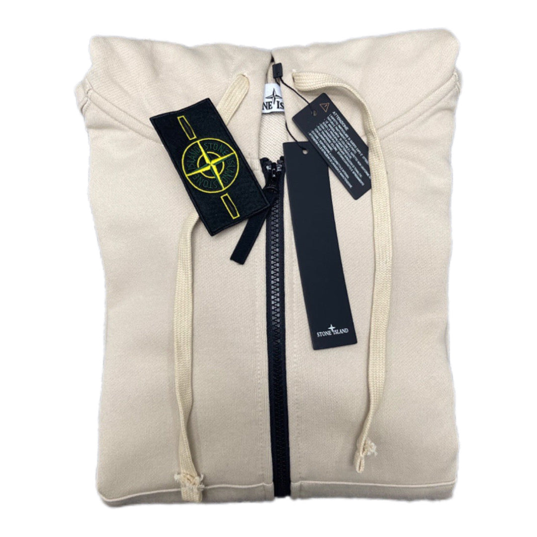Stone Island light beige hoodie with full-zip front, drawstrings, and logo patch