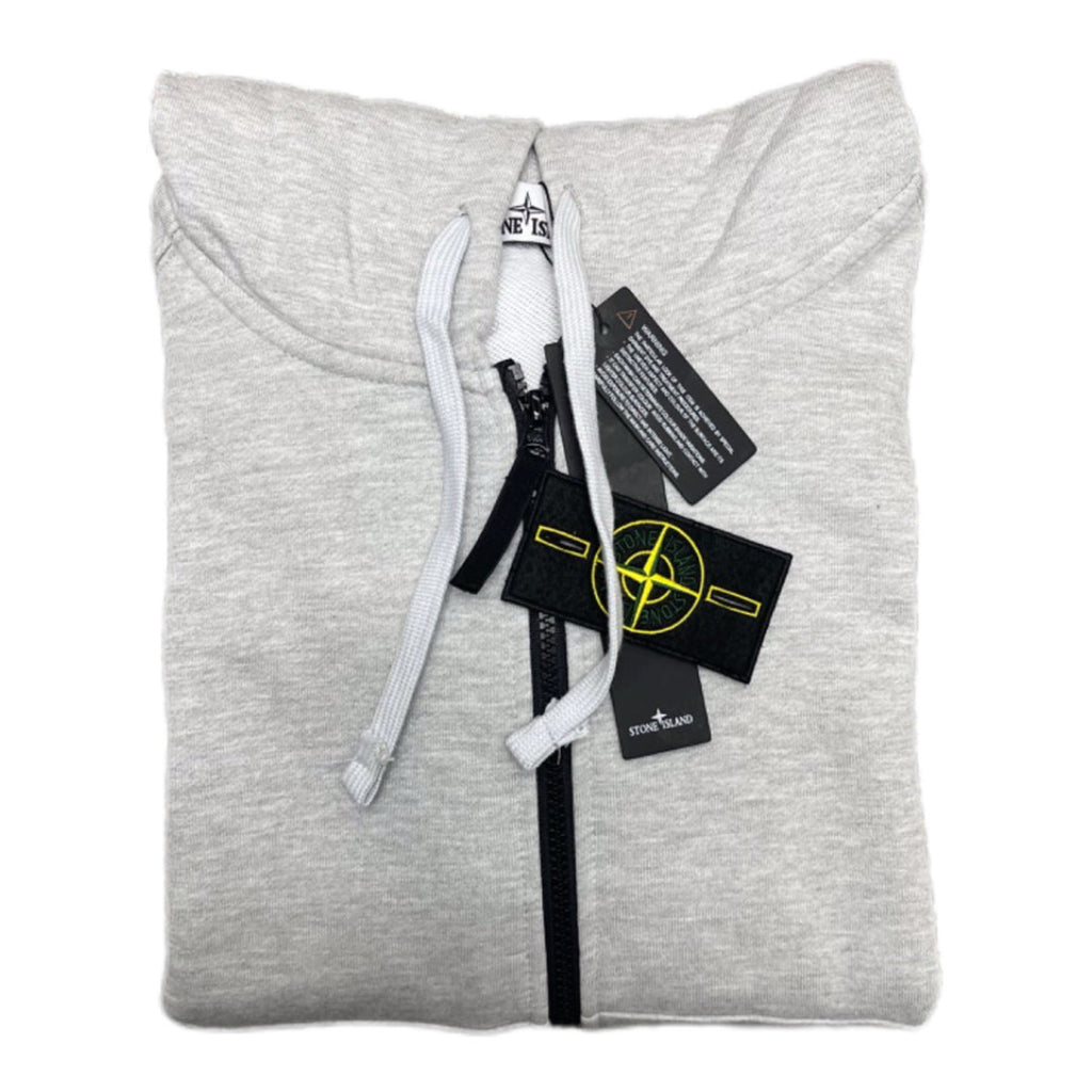 Stone Island zip hoodie in light gray marl, white drawstrings and black zip detail.