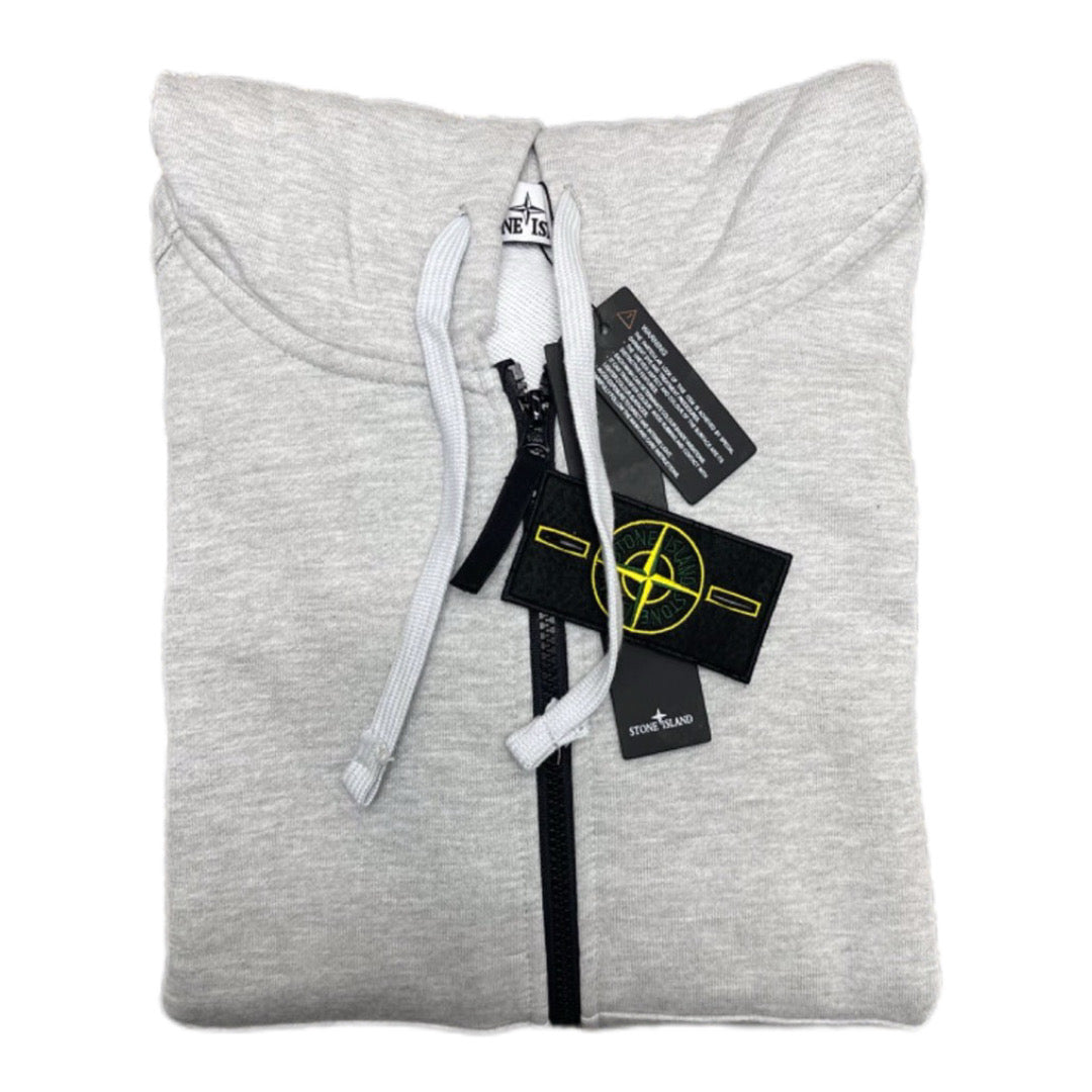 Stone Island zip hoodie in light gray marl, white drawstrings and black zip detail.