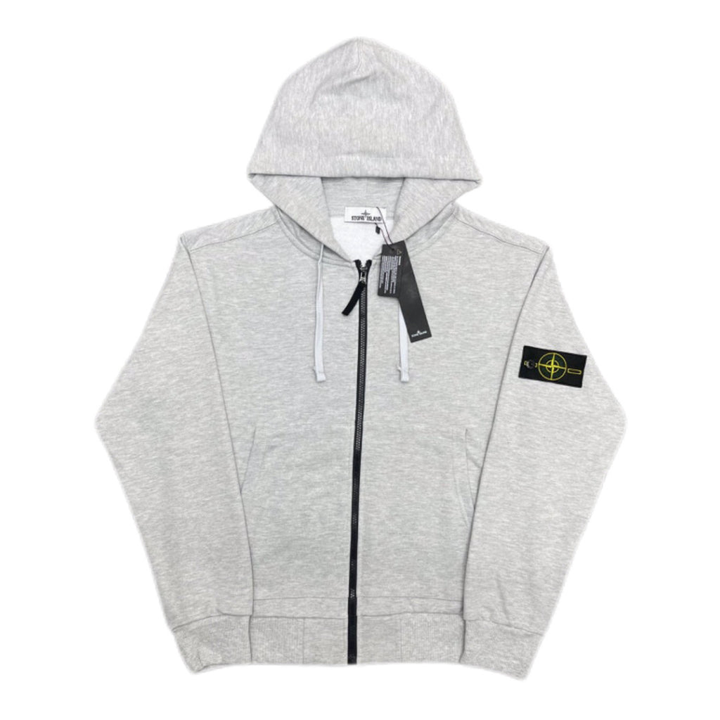 Stone Island zip hoodie, light gray marl with black zipper and hood drawstrings.